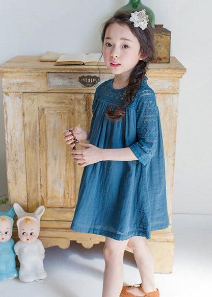 Blue O-neck Wrinkled Cotton Mid Dresses Half Sleeve