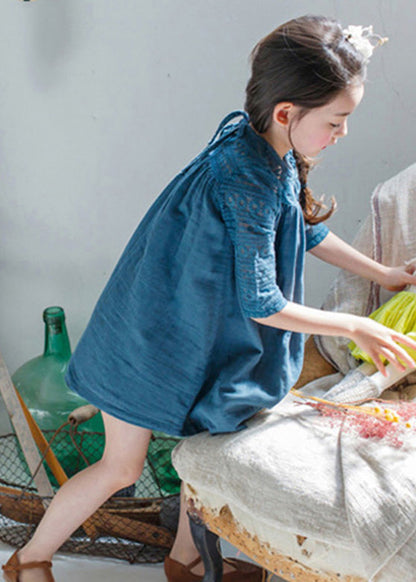 Blue O-neck Wrinkled Cotton Mid Dresses Half Sleeve