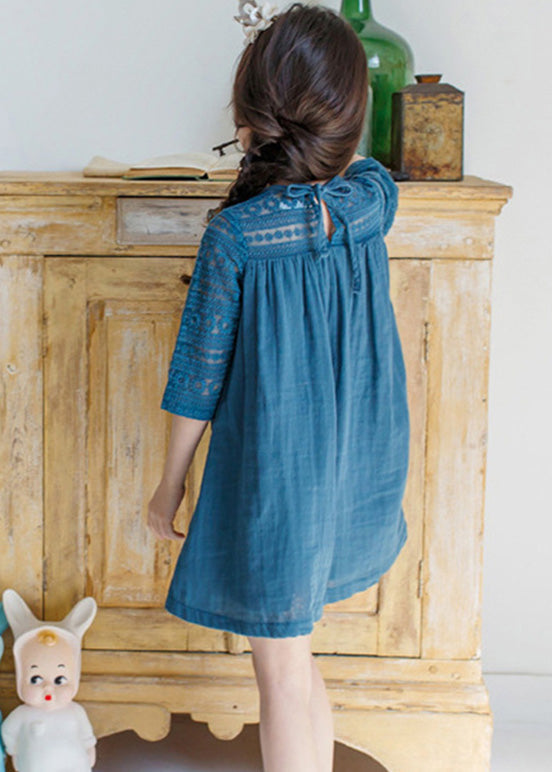 Blue O-neck Wrinkled Cotton Mid Dresses Half Sleeve