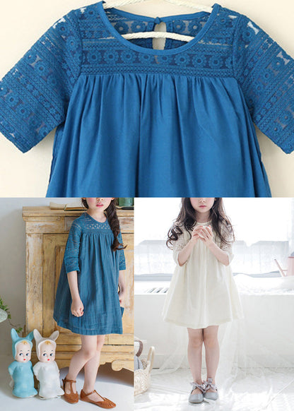 Blue O-neck Wrinkled Cotton Mid Dresses Half Sleeve