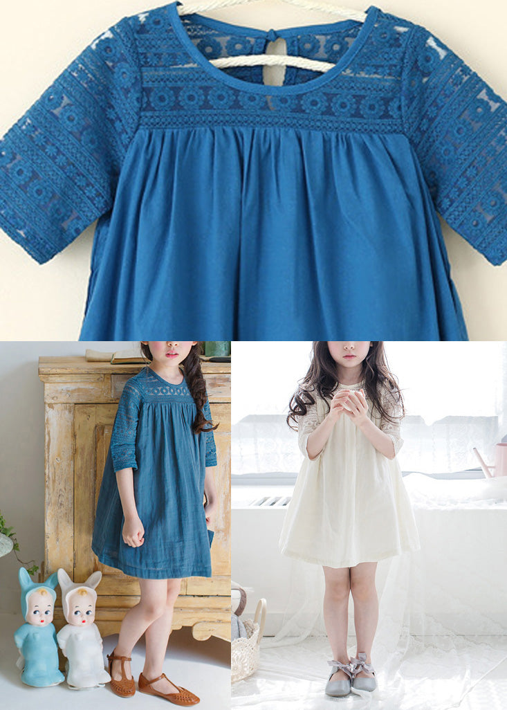 Blue O-neck Wrinkled Cotton Mid Dresses Half Sleeve
