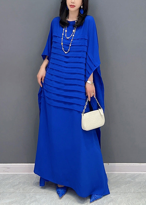 Blue O-neck Wrinkled Loose Dress Summer