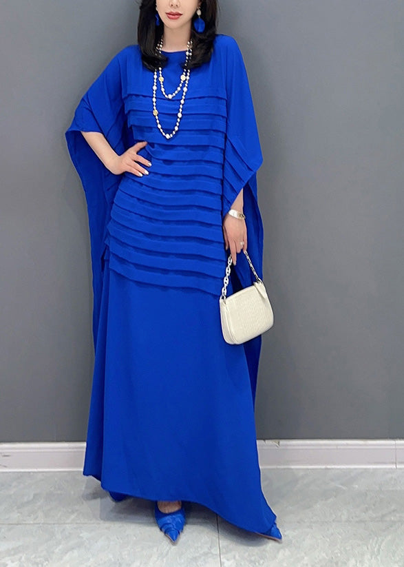 Blue O-neck Wrinkled Loose Dress Summer