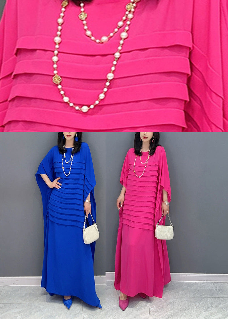 Blue O-neck Wrinkled Loose Dress Summer