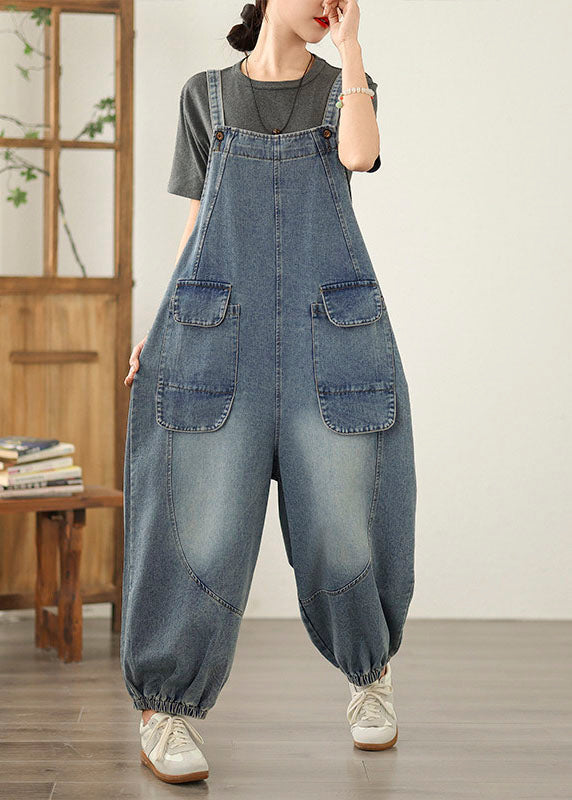 Blue Patchwork Denim Jumpsuit Pockets Spring