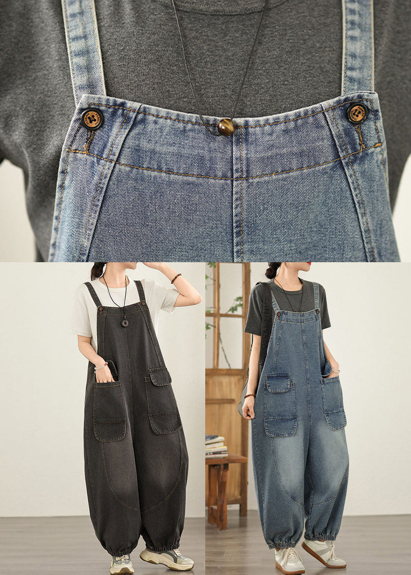 Blue Patchwork Denim Jumpsuit Pockets Spring