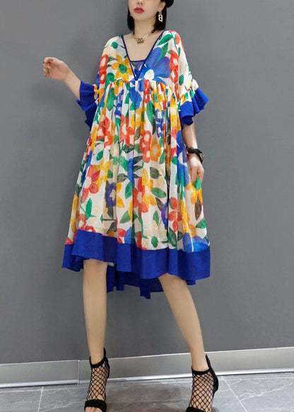 Blue Patchwork Chiffon a Line Dress V Neck Flare Sleeve