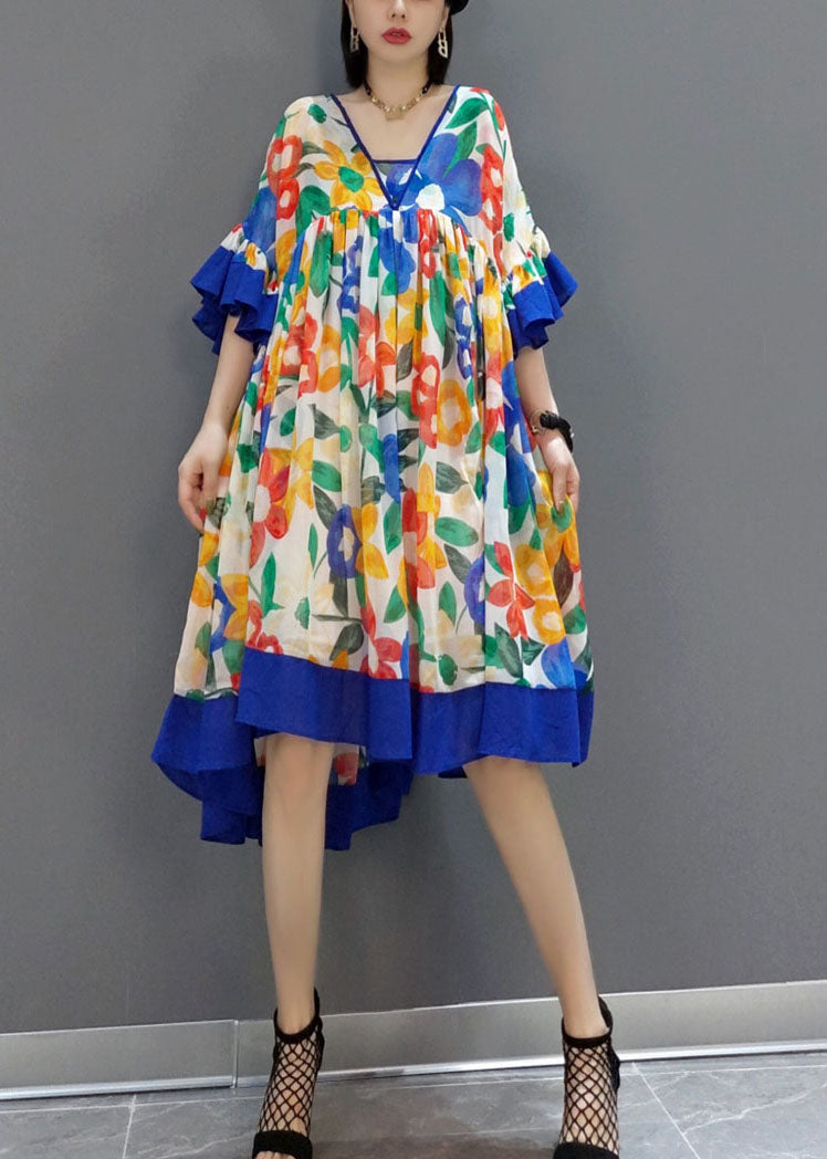 Blue Patchwork Chiffon a Line Dress V Neck Flare Sleeve