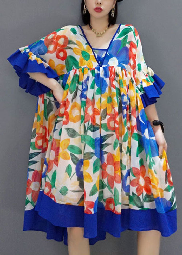 Blue Patchwork Chiffon a Line Dress V Neck Flare Sleeve