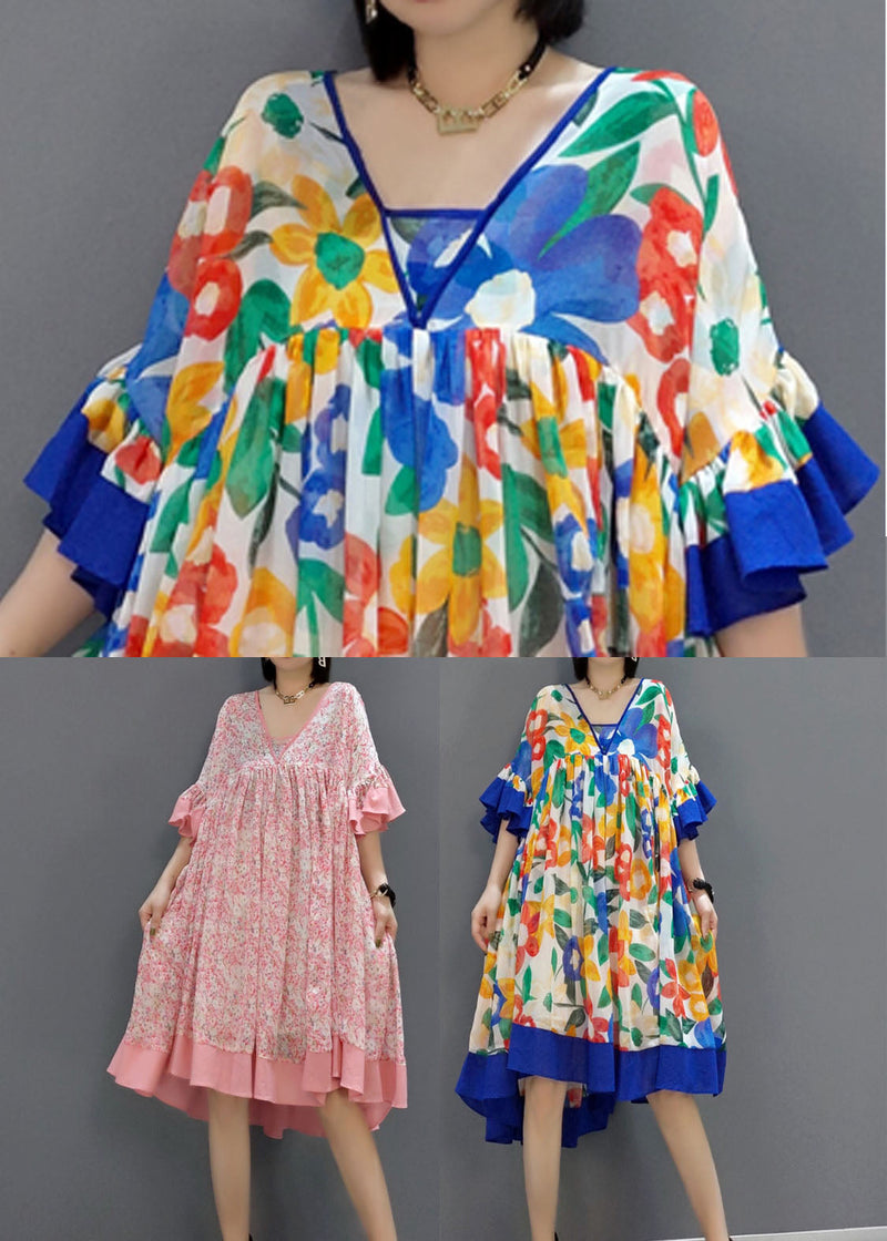 Blue Patchwork Chiffon a Line Dress V Neck Flare Sleeve