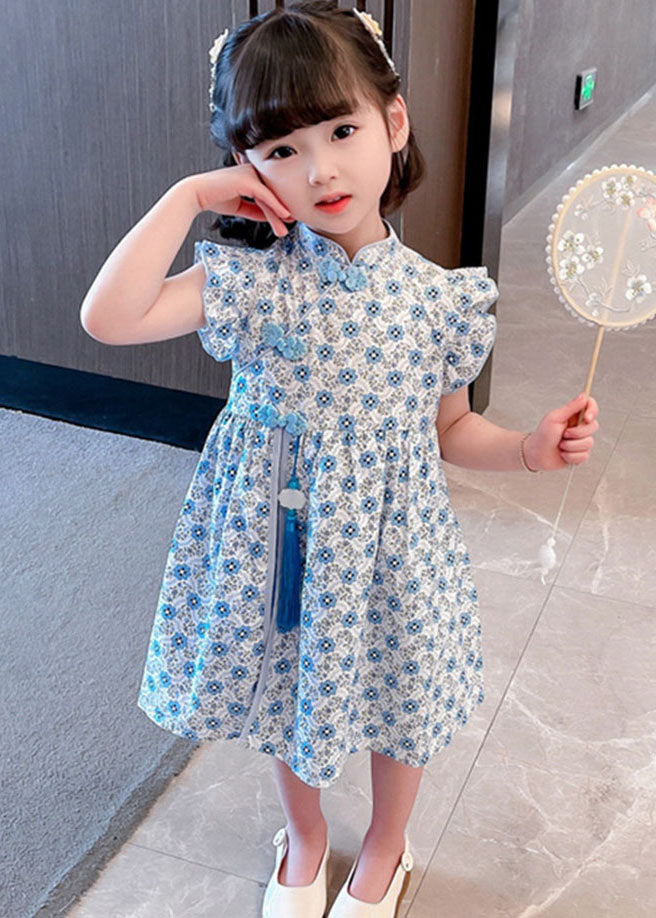 Blue Patchwork Cotton Kids Dresses Tasseled Stand Collar Summer