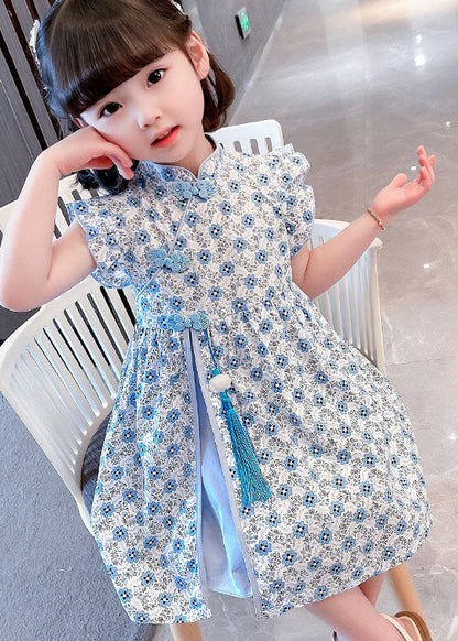 Blue Patchwork Cotton Kids Dresses Tasseled Stand Collar Summer