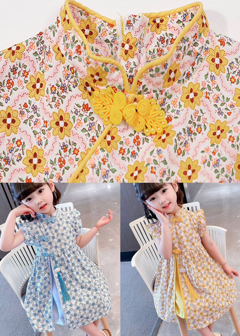 Blue Patchwork Cotton Kids Dresses Tasseled Stand Collar Summer