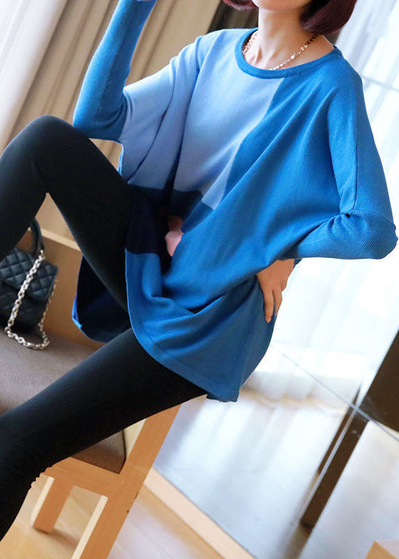 Blue Patchwork Knit Top Oversized O-neck Spring