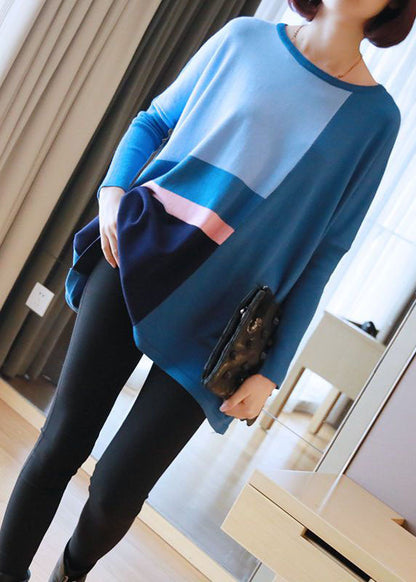 Blue Patchwork Knit Top Oversized O-neck Spring