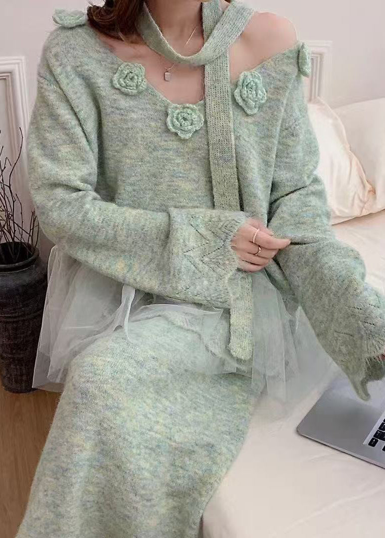 Blue Patchwork Knit Two Pieces Set Oversized Decorated Winter