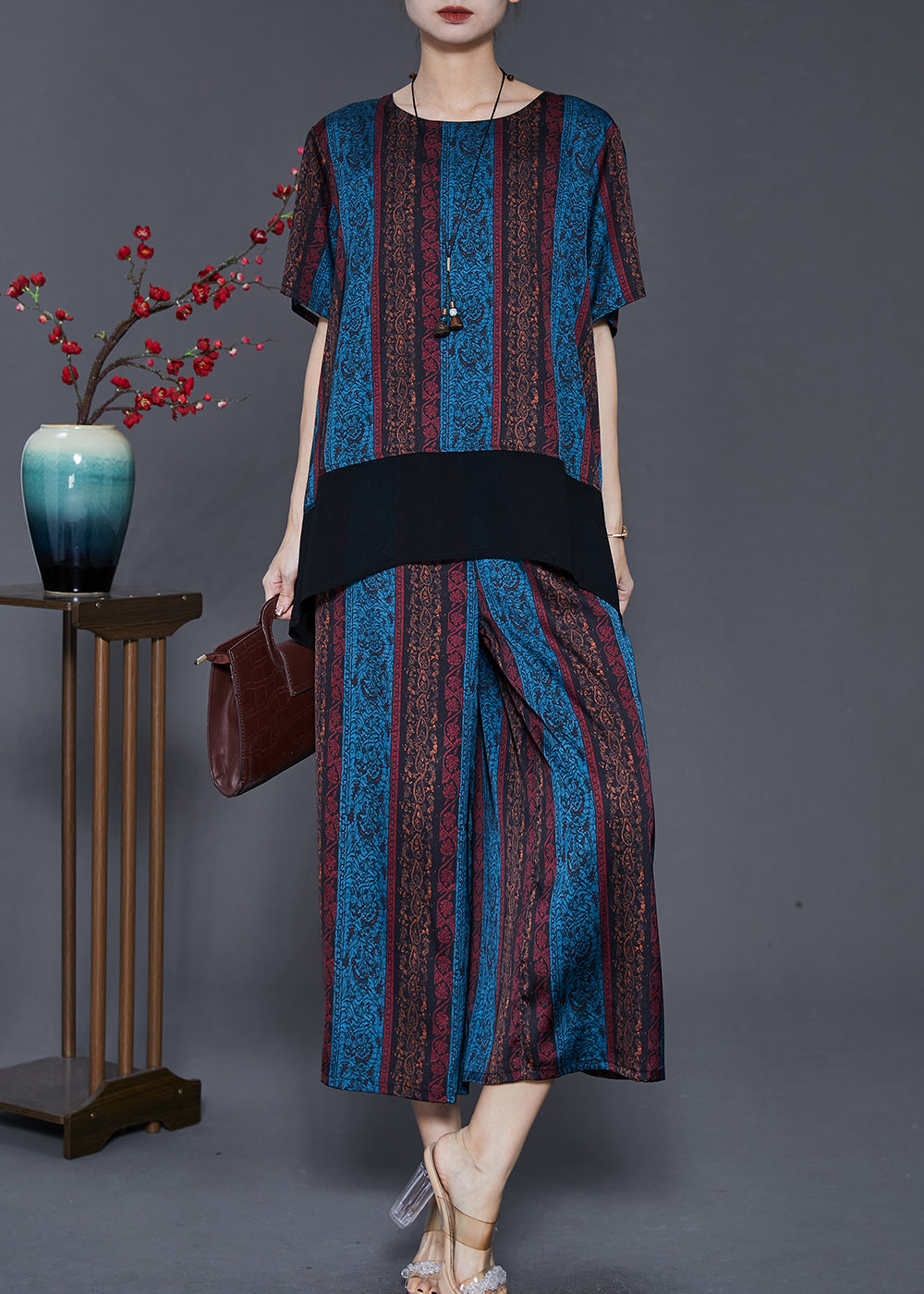 Blue Patchwork Silk Loose Two Pieces Set Low High Design Summer