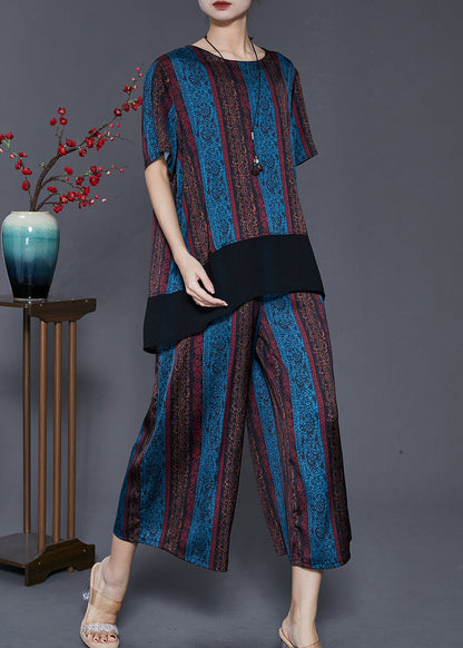 Blue Patchwork Silk Loose Two Pieces Set Low High Design Summer