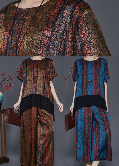 Blue Patchwork Silk Loose Two Pieces Set Low High Design Summer