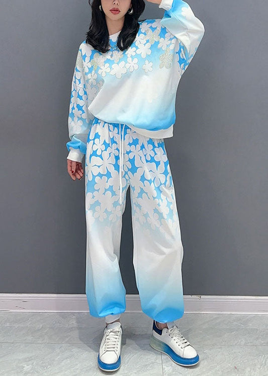 Blue Patchwork Tops and Pants Cotton Two Pieces Set O Neck Long Sleeve