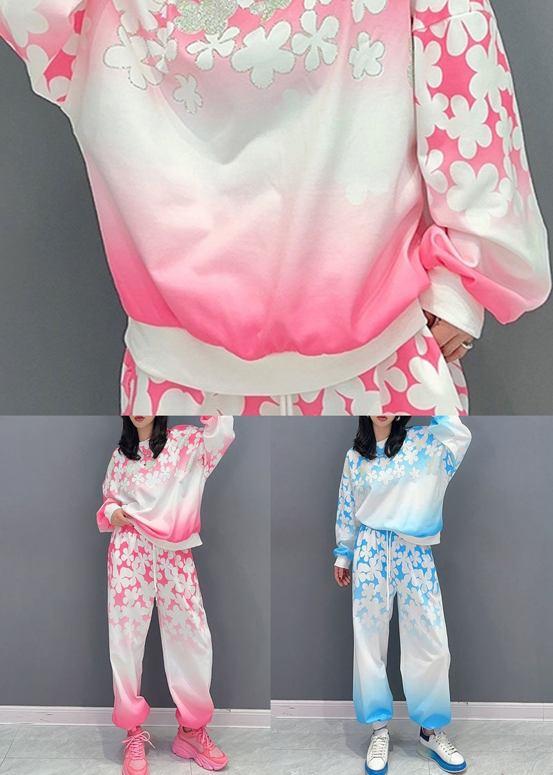 Blue Patchwork Tops and Pants Cotton Two Pieces Set O Neck Long Sleeve