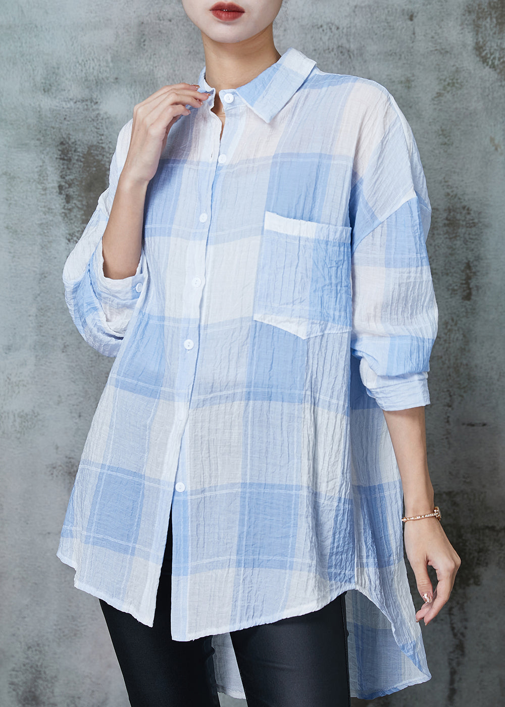 Blue Plaid Cotton Upf 50+ Blouse Top Oversized Spring