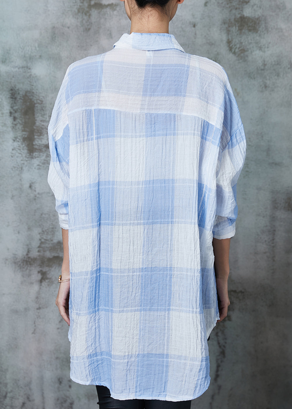 Blue Plaid Cotton Upf 50+ Blouse Top Oversized Spring