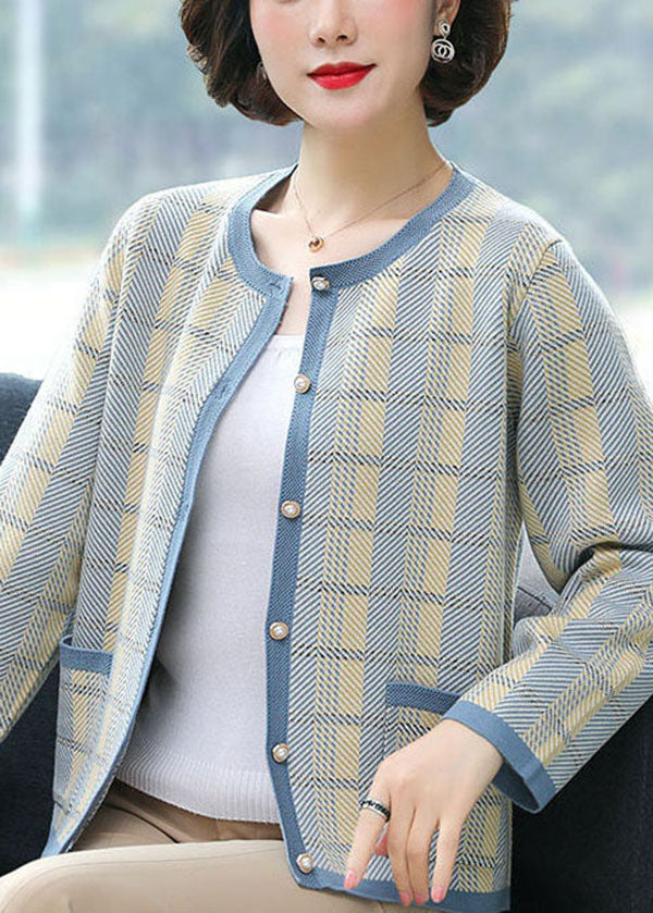 Blue Plaid Knit Coats O-neck Pockets Long Sleeve