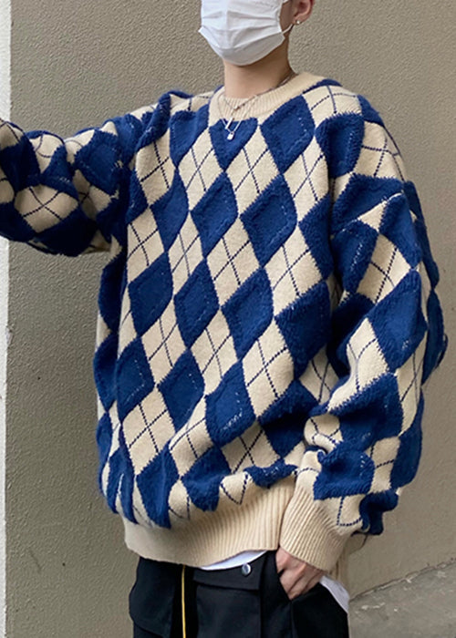 Blue Plaid Loose Knit Sweaters O Neck Fal