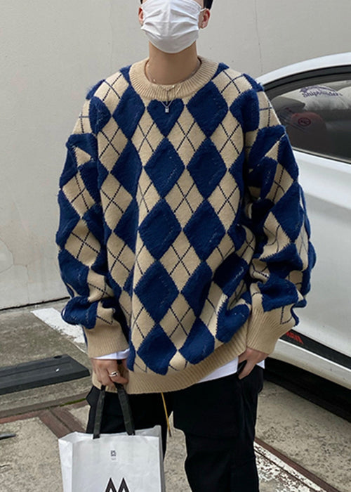Blue Plaid Loose Knit Sweaters O Neck Fal