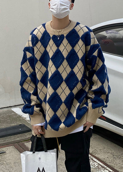 Blue Plaid Loose Knit Sweaters O Neck Fal