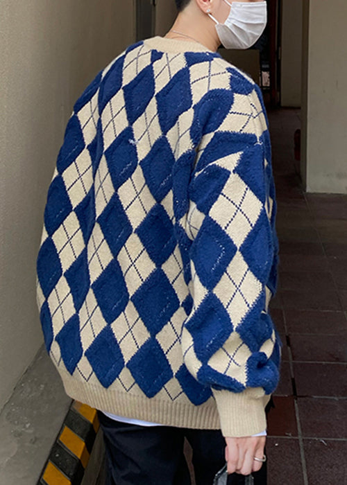 Blue Plaid Loose Knit Sweaters O Neck Fal