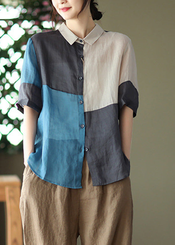 Blue Plaid Patchwork Ramie Top Short Sleeve