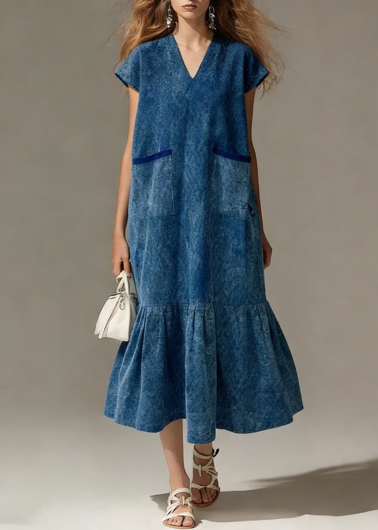 Blue Pockets Wrinkled Denim Long Dress V Neck Summer