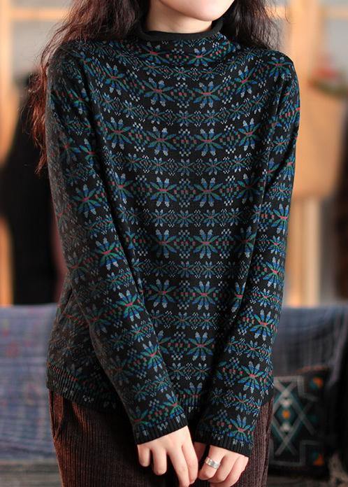 Blue Print Clothes for High Neck Patchwork Knitwear