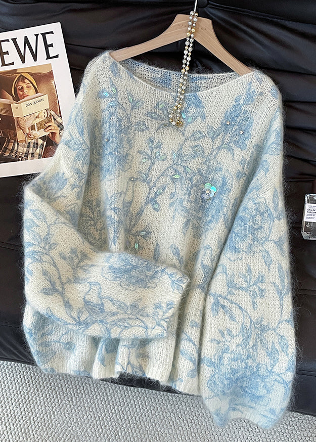 Blue Print Knit Cozy Sweaters Sequins Fall