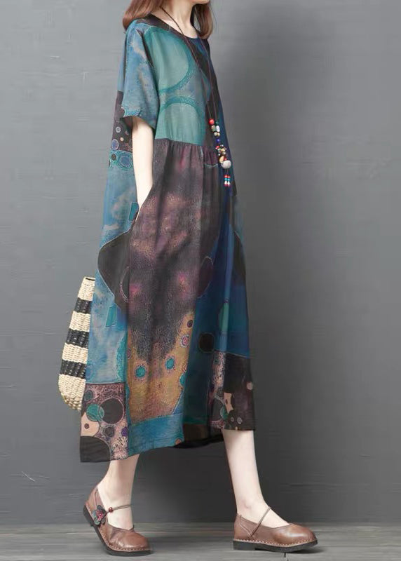Blue Print Linen Holiday Dress O-neck Summer