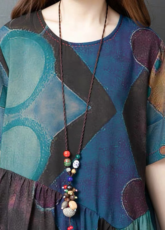 Blue Print Linen Holiday Dress O-neck Summer