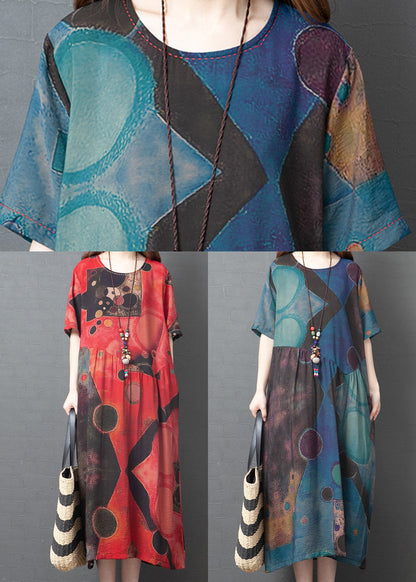 Blue Print Linen Holiday Dress O-neck Summer