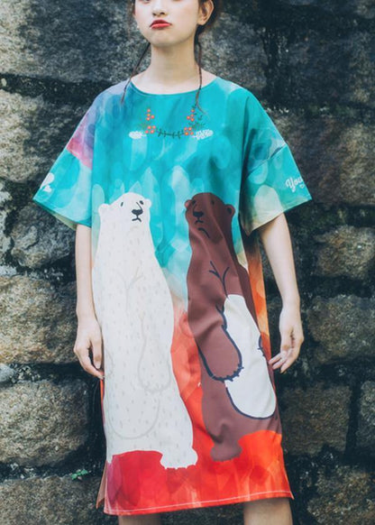 Blue Print O-neck Animal Summer Dresses Short Sleeve