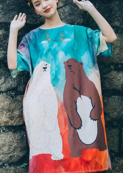 Blue Print O-neck Animal Summer Dresses Short Sleeve