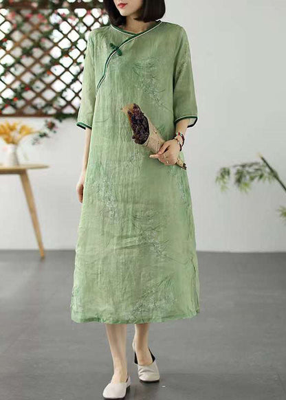 Blue Print Patchwork Linen Dress O Neck Chinese Button Summer