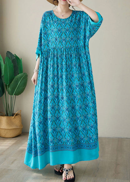 Blue Print Cotton Long Dress O Neck Summer