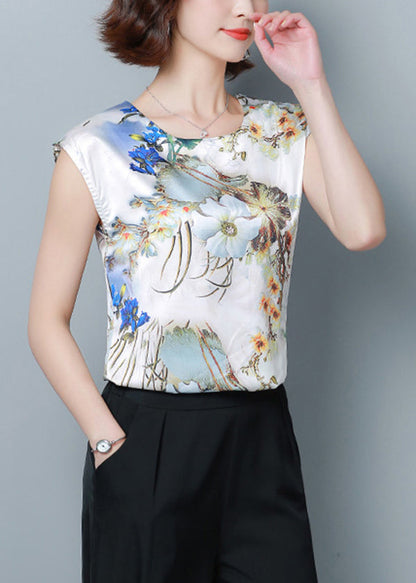 Blue Print Silk Blouse Top O-neck Slim Fit Short Sleeve