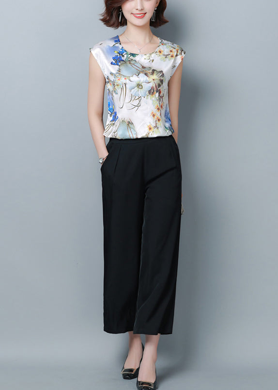 Blue Print Silk Blouse Top O-neck Slim Fit Short Sleeve