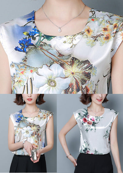 Blue Print Silk Blouse Top O-neck Slim Fit Short Sleeve