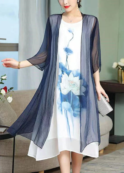 Blue Print Silk Cotton Two-piece Set V Neck Bracelet Sleeve