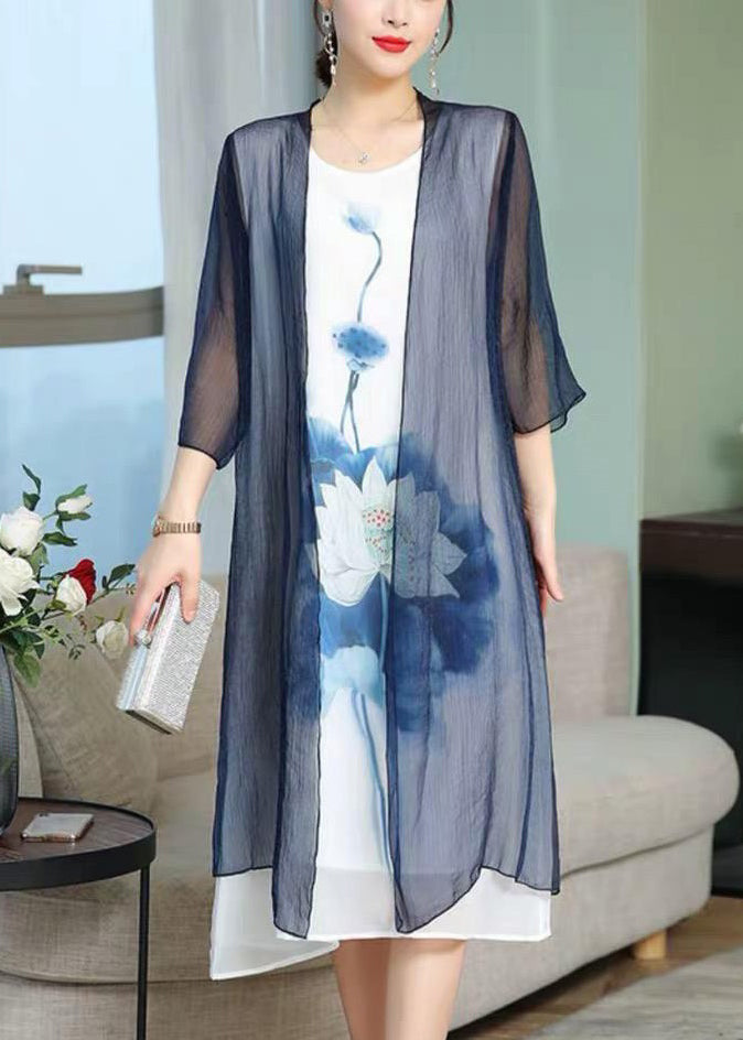 Blue Print Silk Cotton Two-piece Set V Neck Bracelet Sleeve