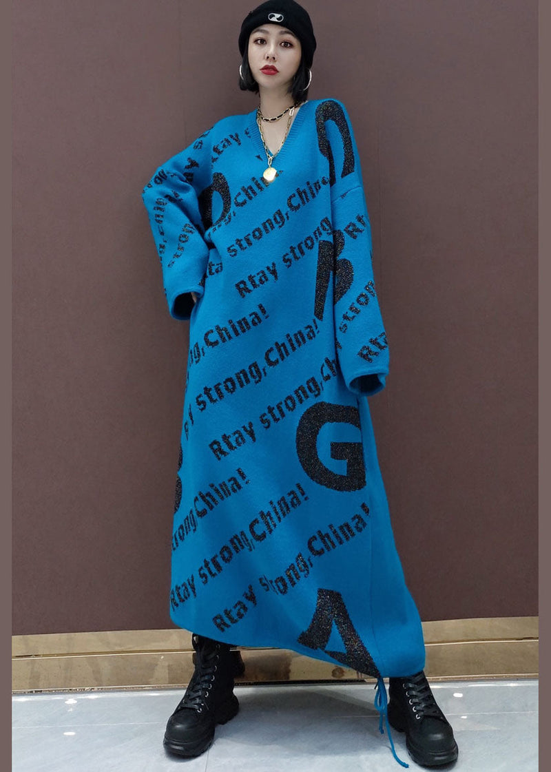 Blue Print Loose Knit Sweater Long Dress Spring