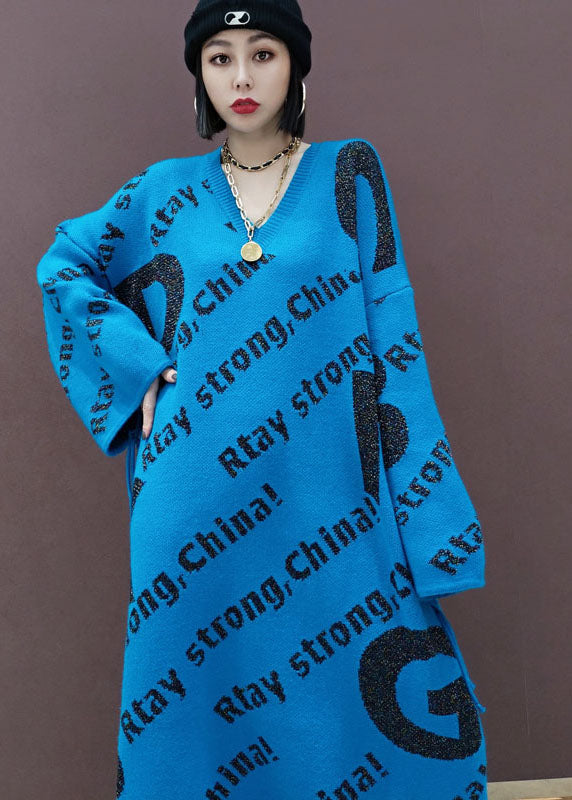 Blue Print Loose Knit Sweater Long Dress Spring